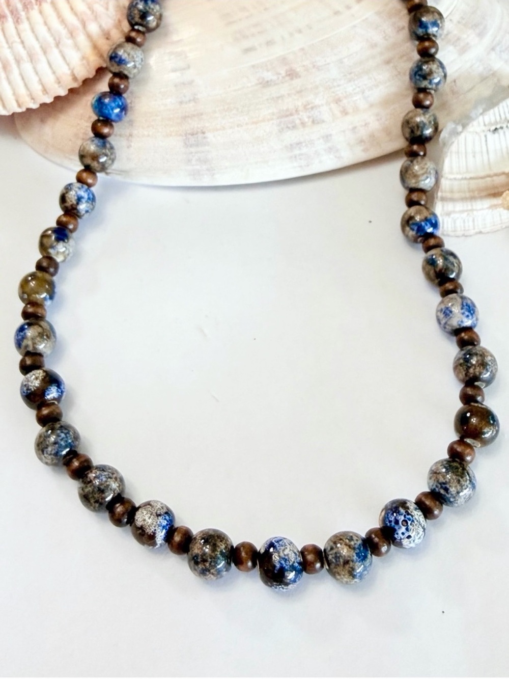 Mexican Blue Fleck Pottery & Wood Beaded Naturalistic Necklace